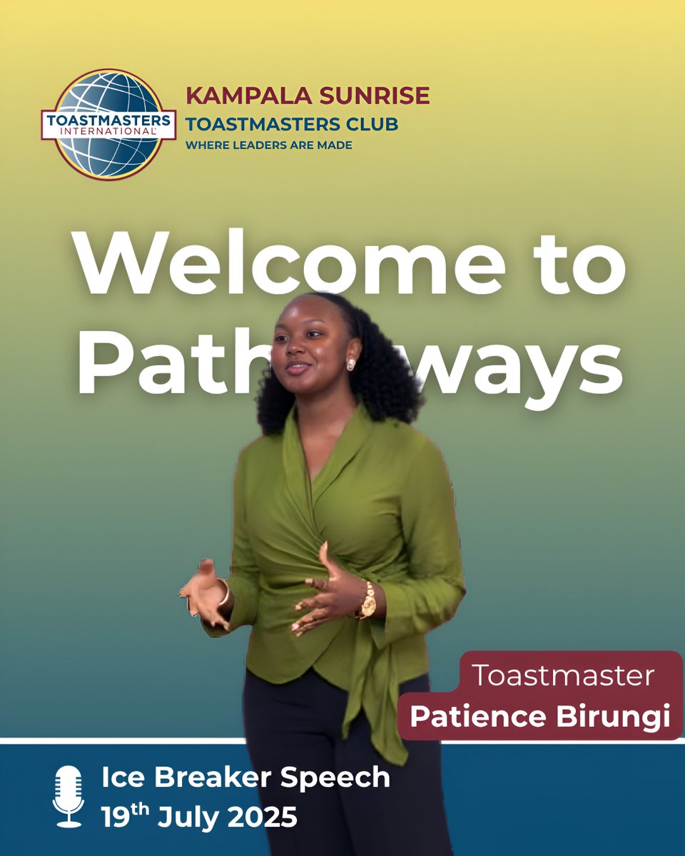 Welcome to pathways Patience Birungi Mpora 🥳🥳
Thanks for delivering your ice breaker speech last Saturday.... indeed, we all learned "What silence didn't say.". 

Looking forward to more of your speeches as you navigate your pathways.. All the best, Patience