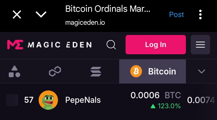 Wow! <a href="/PepeNals/">PepeNals | PEPE•OF•BITCOIN 🟧</a> are pumping 🚀

It's the second biggest ordinal gainer in the top 60 collections on <a href="/MEonBTC/">Magic Eden on Bitcoin 🟧</a> with an impressive 123% 🤯.

It emits P.O.B rune and the floor is lava 🔥.
