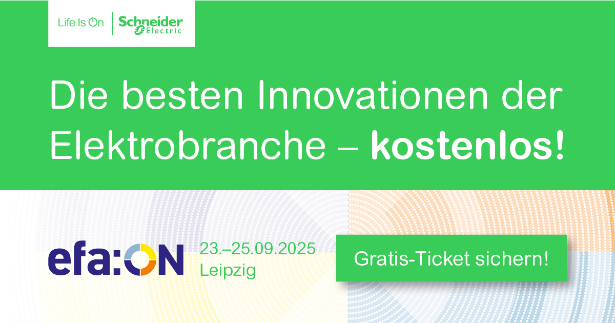 SchneiderElecDE's tweet photo. Auf der #efaON können Sie am Stand C02 in Halle 3 die neuesten Schneider Electric Innovationen der #Elektrobranche live und in Farbe erleben; Gutscheincode für einen kostenlosen Messebesuch 👉 https://t.co/ZgA27Y7UVR #allesaufON #efaleipzig #elektrotechnik #gebäudetechnik https://t.co/FCdRzlBd3u