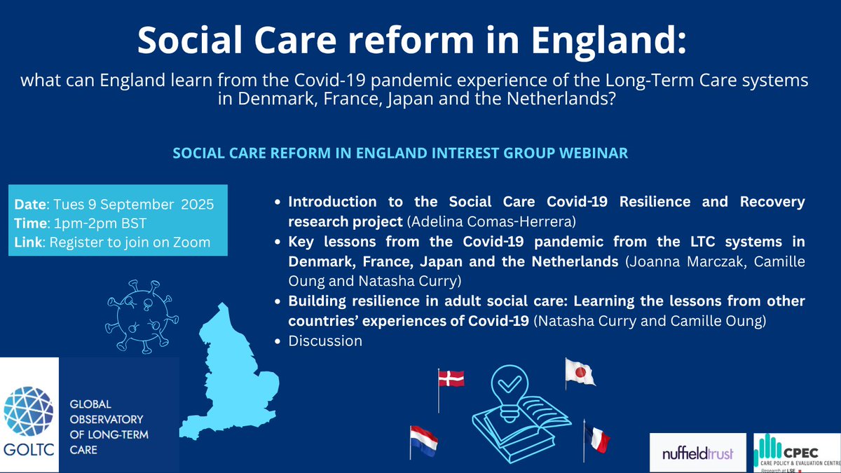 GlobalObLTC's tweet image. Webinar:
What can England learn from the Covid pandemic experience of the #LongTermCare systems in Denmark, France, Japan &amp;amp; the Netherlands?

9 Sept

With @NatashaCurry123 @CamilleOung 
@marczakjoanna &amp;amp; @AdelinaCoHe 
@NuffieldTrust @CPEC_LSE

Register 🔗 goltc.org/social-care-re…