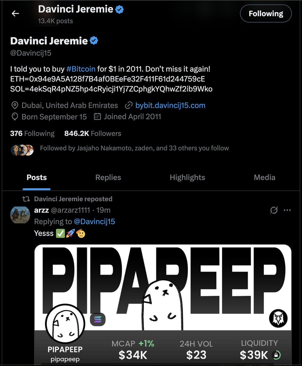CryptoHawk {Salvation Arc} (@cryptohawk_bgd) on Twitter photo No clue why <a href="/Davincij15/">Davinci Jeremie</a> just reposted a random 40k shitter, but I threw a yolo SOL at it
AcGPU4maJ7TToNDrGRDGsVNgbZEpqwF1UobGCbmxhAb9 No clue why <a href="/Davincij15/">Davinci Jeremie</a> just reposted a random 40k shitter, but I threw a yolo SOL at it
AcGPU4maJ7TToNDrGRDGsVNgbZEpqwF1UobGCbmxhAb9