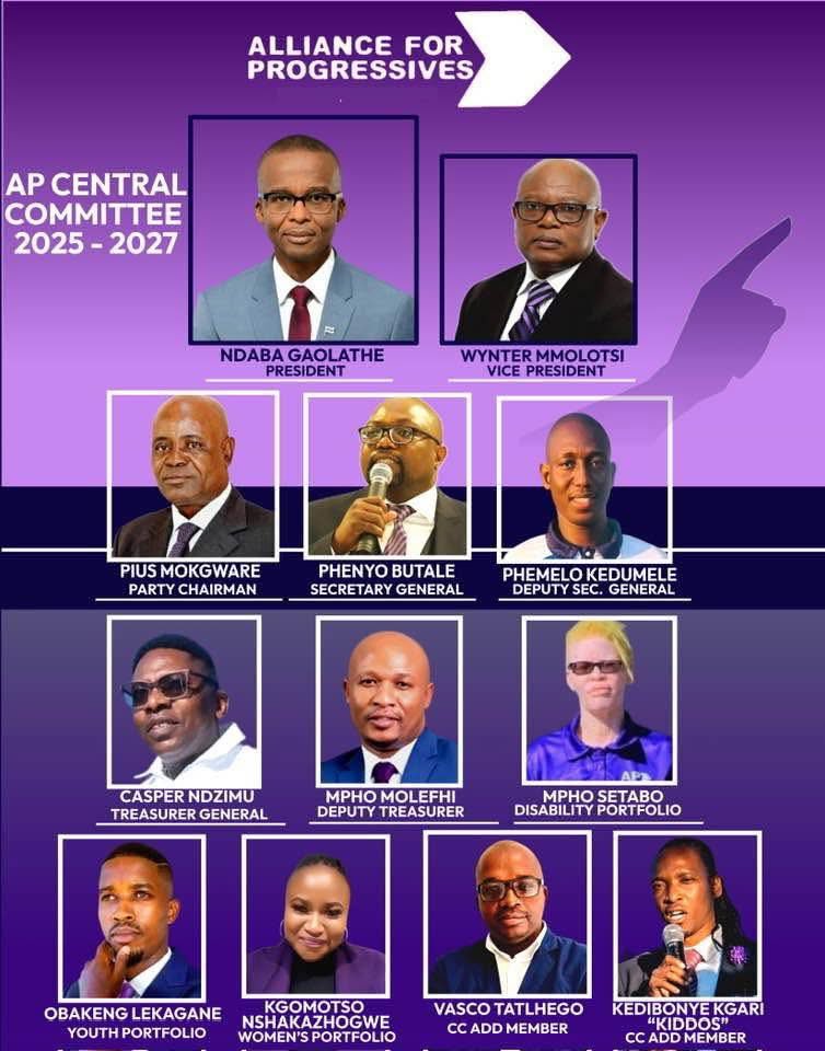 PublicIntrestBW's tweet image. THE NEWLY ELECTED ALLIANCE FOR PROGRESSIVES (AP) CENTRAL COMMITTEE
𝐏𝐑𝐄𝐒𝐈𝐃𝐄𝐍𝐓
Ndaba Gaolathe: (unopposed)
𝐕𝐈𝐂𝐄 𝐏𝐑𝐄𝐒𝐈𝐃𝐄𝐍𝐓
Theresa Mmolawa: 80
Wynter Mmolotsi: 551
𝐂𝐇𝐀𝐈𝐑𝐌𝐀𝐍
Pius Mokgware: (unopposed)
𝐒𝐄𝐂𝐑𝐄𝐓𝐀𝐑𝐘 𝐆𝐄𝐍𝐄𝐑𝐀𝐋
Dr Phenyo…