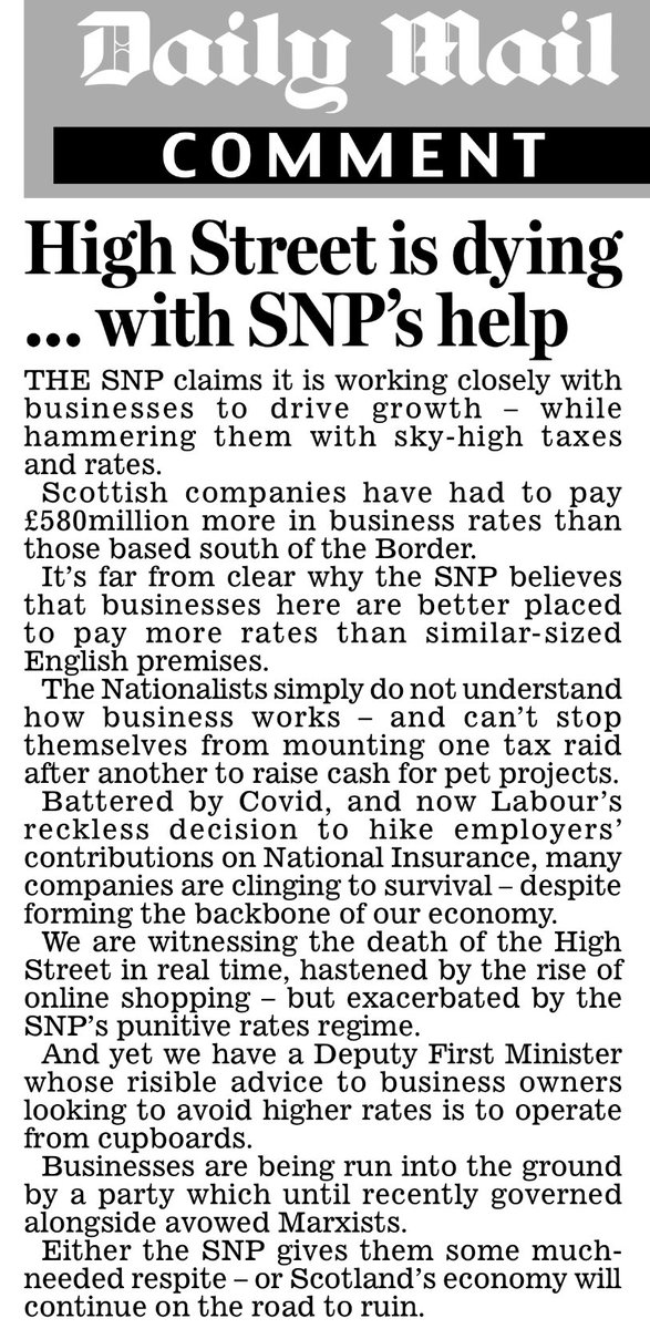 GrahamGGrant's tweet image. ✍️ From today’s leader column: The SNP’s sky-high rates are strangling businesses. Read more 👉 mailplus.co.uk/scottish-editi…
#business #SNP #highstreet #economy