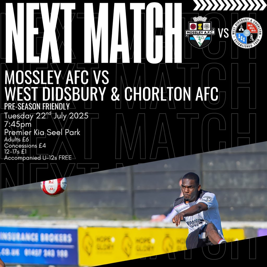 MossleyAFC's tweet image. 𝙈𝙖𝙩𝙘𝙝 𝙙𝙖𝙮: 𝙒𝙚𝙨𝙩 𝘿𝙞𝙙𝙨𝙗𝙪𝙧𝙮 & 𝘾𝙝𝙤𝙧𝙡𝙩𝙤𝙣 (𝙝)
We’re back in home action this evening as we welcome @WD_CFC to Premier Kia Seel Park in our penultimate pre-season friendly.
We’d love to see you here!
⚪️⚫️