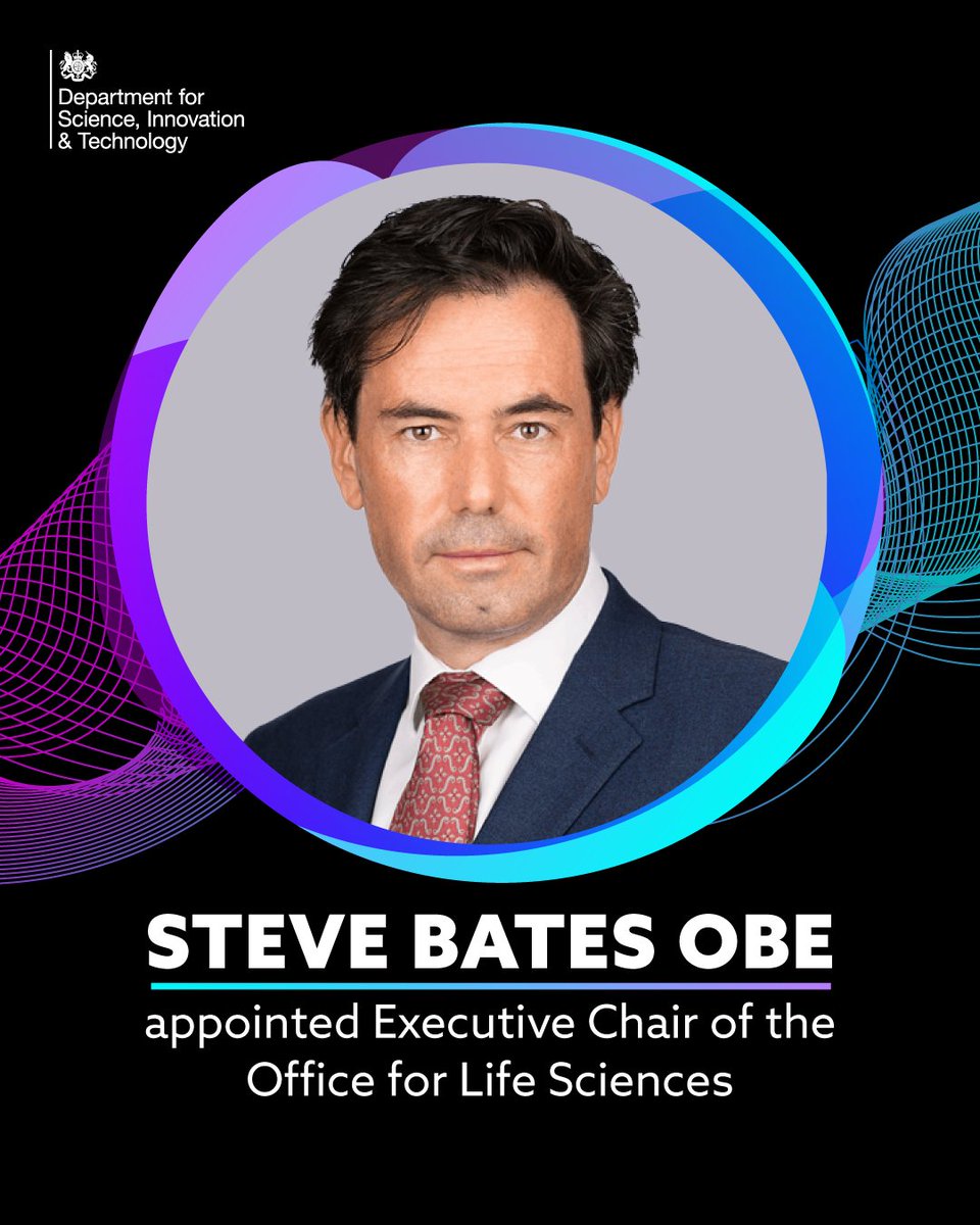SciTechgovuk's tweet image. Industry leader Steve Bates OBE has been appointed Executive Chair of the Office for Life Sciences 🧬
This will help the government unleash the UK's £100bn life sciences sector, growing our economy and improving people's health.
gov.uk/government/new…