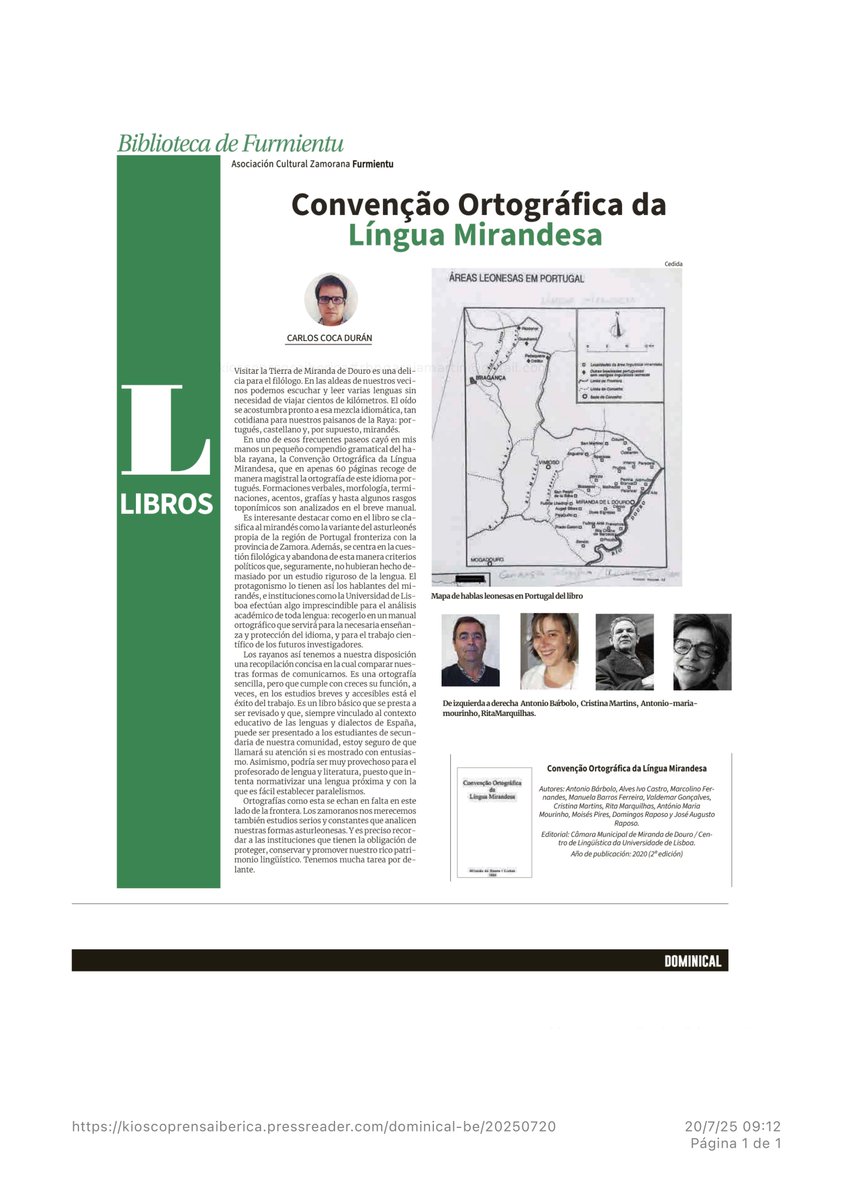 Biblioteca de Furmientu. Convenção Ortográfica da #Língua #Mirandesa. Reseña de Carlos Coca. Antiyer nel Dominical de la <a href="/opiniondezamora/">LA OPINIÓN DE ZAMORA</a>.