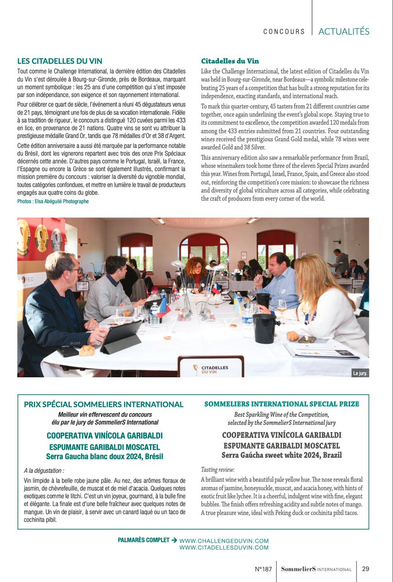 📷 Nouvel article dans la presse ! Dans le dernier numéro de  #SommeliersInternational, plongez au cœur de nos deux concours internationaux de dégustation. Le Challenge International du Vin &amp; les Citadelles du Vin rassemblent chaque année des milliers d’échantillons !