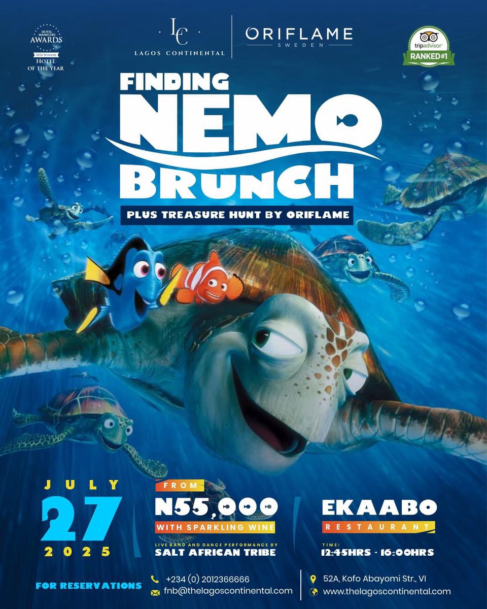 Lagos Continental (@thelchotel) on Twitter photo Join us for 'Finding Nemo Brunch' on July 27, 2025, at Ekaabo Restaurant.
Enjoy a fun-filled afternoon with live music, delicious local and international cuisine, and a treasure hunt by
Book now:
š: +234 (0) 2012366666
š§: fnb@thelagoscontinental.com Join us for 'Finding Nemo Brunch' on July 27, 2025, at Ekaabo Restaurant.
Enjoy a fun-filled afternoon with live music, delicious local and international cuisine, and a treasure hunt by
Book now:
š: +234 (0) 2012366666
š§: fnb@thelagoscontinental.com