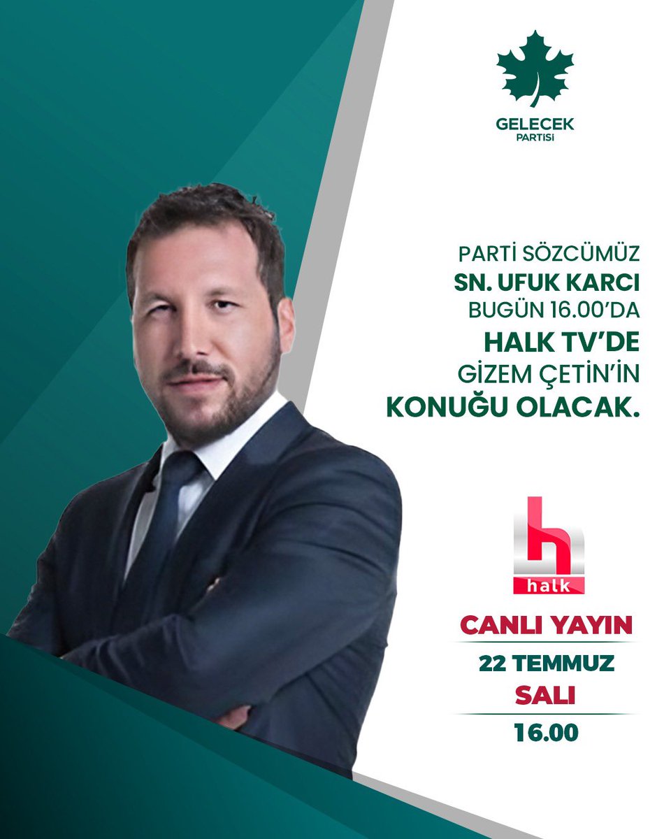 Gelecek Partisi (@gelecekpartitr) on Twitter photo Parti Sözcümüz Sayın <a href="/ufukkarcii/">Ufuk Karcı</a>, Gizem Çetin’in konuğu oluyor.
🗓️22 Temmuz Salı (Bugün)
⏰16.00
📡HALK TV Parti Sözcümüz Sayın <a href="/ufukkarcii/">Ufuk Karcı</a>, Gizem Çetin’in konuğu oluyor.
🗓️22 Temmuz Salı (Bugün)
⏰16.00
📡HALK TV
