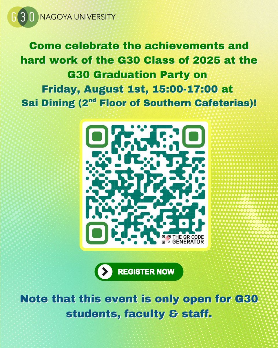 G30 Students &amp; Faculty — Join us for the Class of 2025 Graduation Party!
Aug 1, 15:00–17:00
Sai-Dining (2F, South Cafeterias)
Food, fun &amp; farewells! G30 only.

👉 Sign up: forms.gle/tzBg8j1nYTUm23…
#NUG30 #名古屋大学 #graduation #studyinjapan
