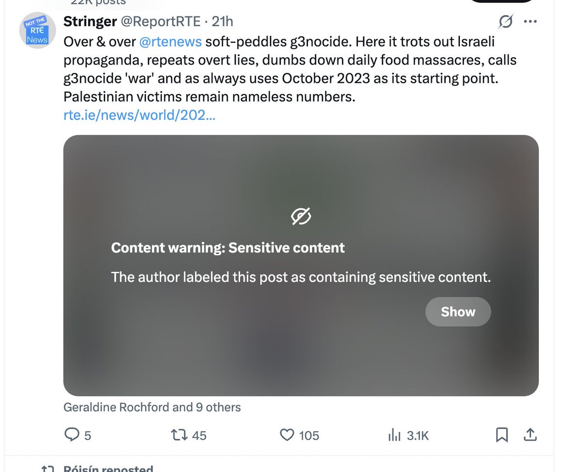 ReportRTE's tweet image. Whaaat? "The author labeled this post as containing sensitive content." ... Oh NO we didn't! 😲😲😲😲 And we've been wondering why you can't see us‼️ @Helenaclose @NormalIslandNws @kirkieEL @mcloughlin_n_68 @dlLambo @Irishgeezah @liamcunningham1 @NenaghPalestine