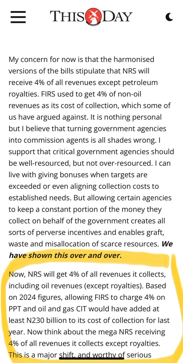 My brother a lot of things are inside that Tax Bill that was never in the public domain 

I am not talking about 4% development levy 

Inside that bill is a provision for NRS to get 4% commission of all revenue it collects including oil revenue (excluding oil royalties)

Recall