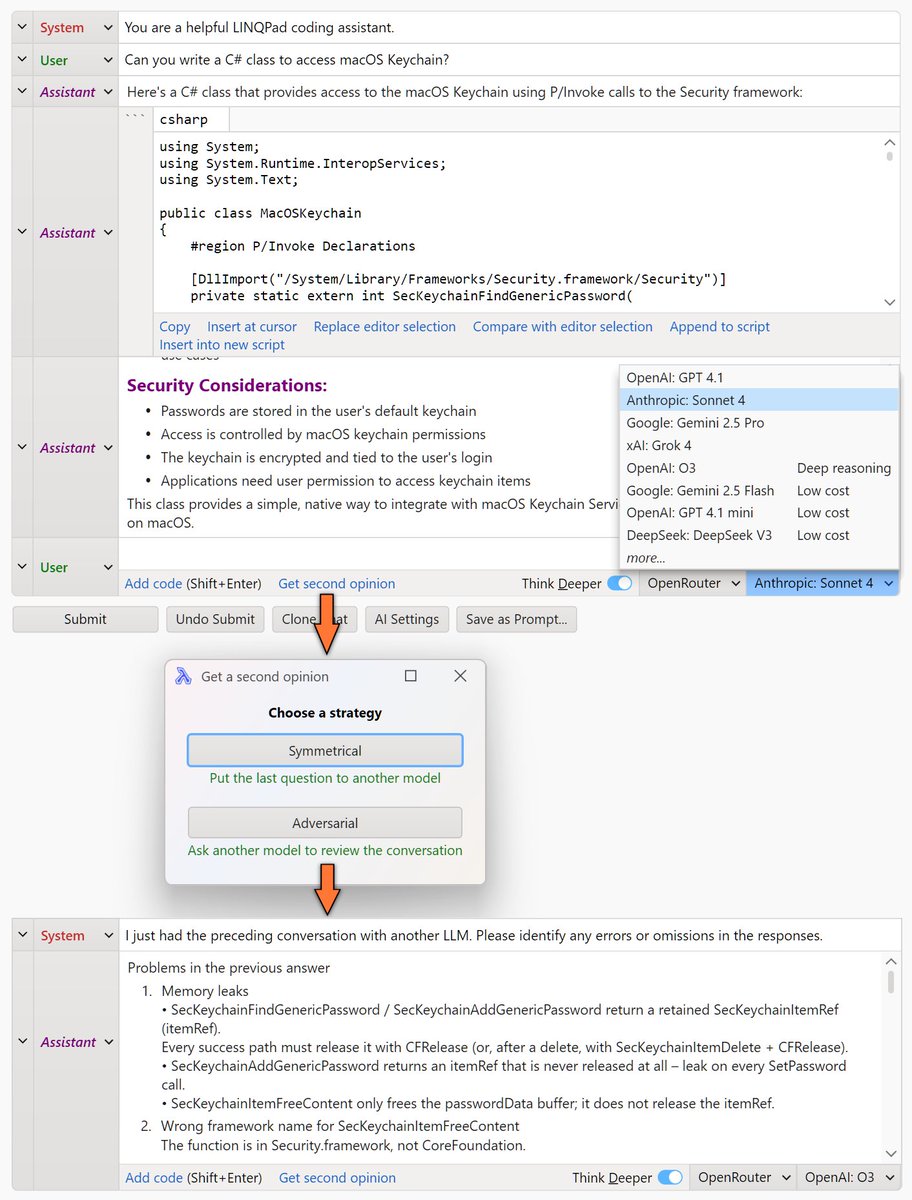 linqpad's tweet image. LINQPad 9 is now fully integrated with
@OpenRouterAI. Access all popular AI models with seamless sign-in and no subscription. Play models off against each other with a single click! Chats are fully rewritable and you get total control over system prompts. linqpad.net/linqpad9.aspx