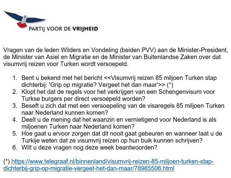 geertwilderspvv's tweet image. Kamervragen aan premier en ministers Asiel en Buitenlandse Zaken:
NOOIT visum vrij reizen voor Turken. Nederland is al bomvol. Propvol. En vol is vol!
#PVV #PVVOP1 #StemPVV