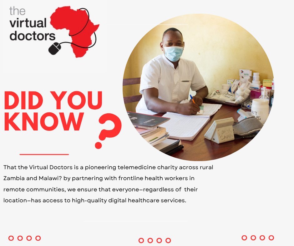 VirtualDocProj's tweet image. 🌍 Did you know that Virtual Doctors is pioneering telemedicine across rural Zambia and Malawi?
By partnering with frontline health workers in remote areas, we help ensure that no one is left behind when it comes to quality medical support.
👉 Visit virtualdoctors.org now!