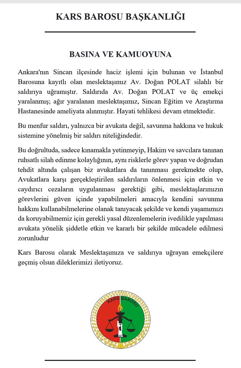 AVUKATA YÖNELİK SİLAHLI SALDIRIYI KINIYORUZ