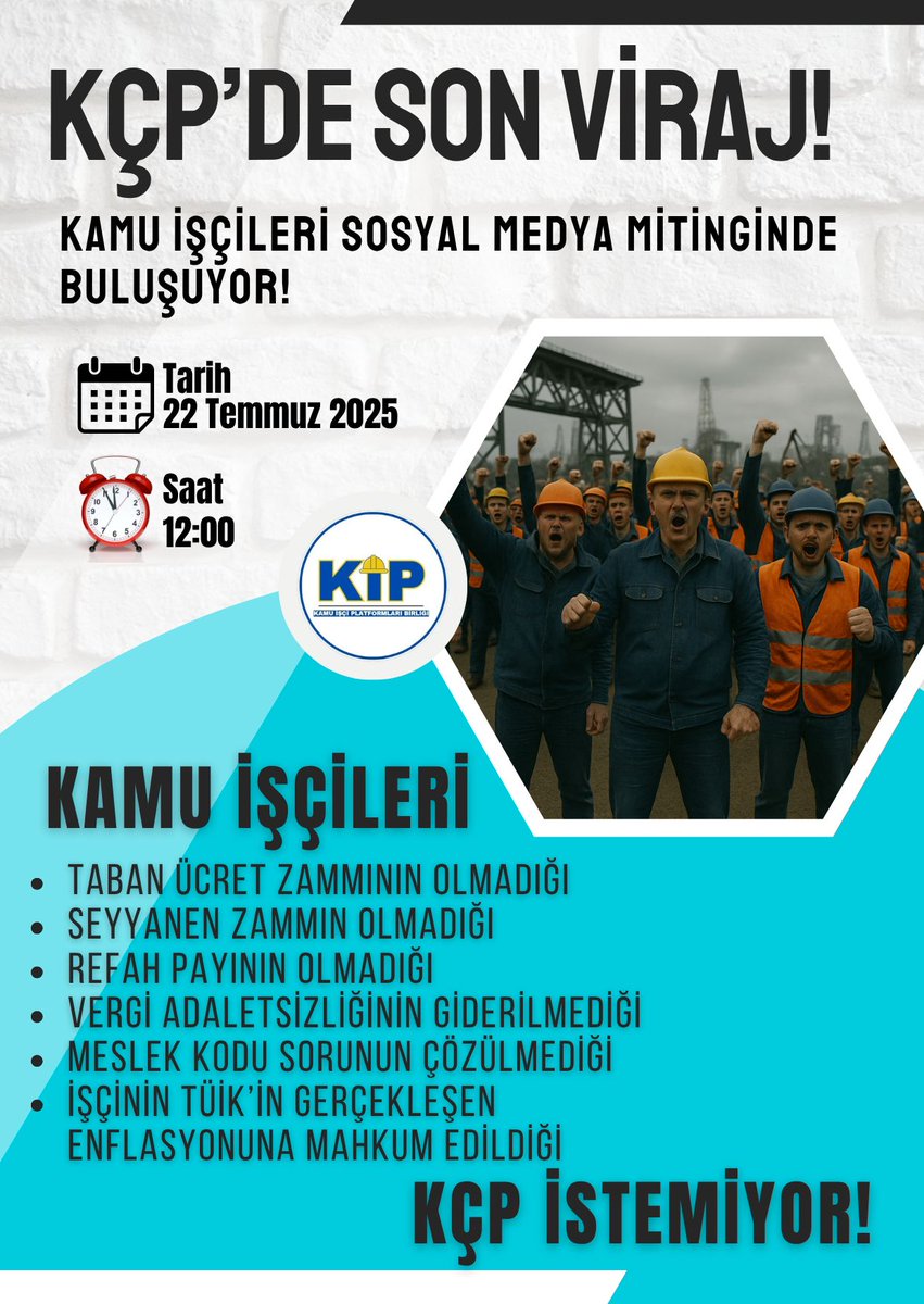 Kçp'de son Viraj,
#Kamuişçileri için Sosyal medya mitingi,Bugün 12/00'dan sonra gün boyu twiterdayız!

Emeğimize sahip çıkıyoruz,
Sendikaların sessizliğini,
Tühis'in etkisizliğini,
Çalışma bakanlığının vicdansızlığını kabul etmiyoruz.!

Kamu işçilerini birlik olmaya çağırıyoruz!