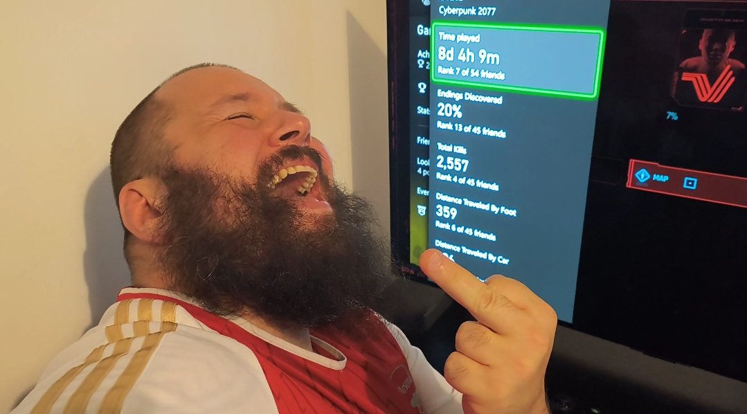 Sir_Bruvian's tweet image. Apparently I haven't played Cyberpunk 2077 and I'm lying about having played it 🤔 this is because my GT that's more public doesn't have any game time on the game...it's mad that people don't grasp the concept of multiple accounts 🤣🤡🤦♂️