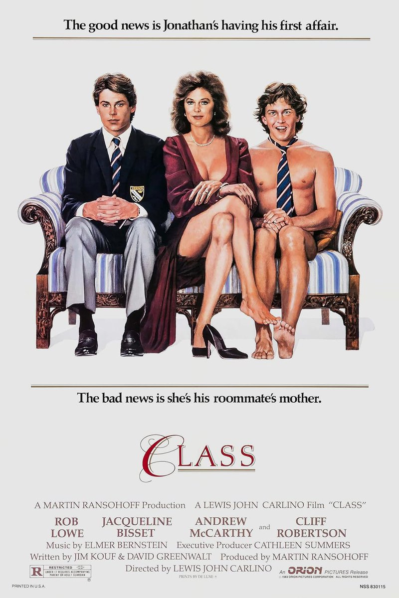 Freelineorlando's tweet image. Teen comedies were the rage in the 1980s, and I think Class (released today, 1983) holds up better than expected. Rob Lowe and Jacqueline Bisset do well at prep school nookie, plus this one has early John and Joan Cusack and Virginia Madsen. While it ain't The Graduate, it's fun