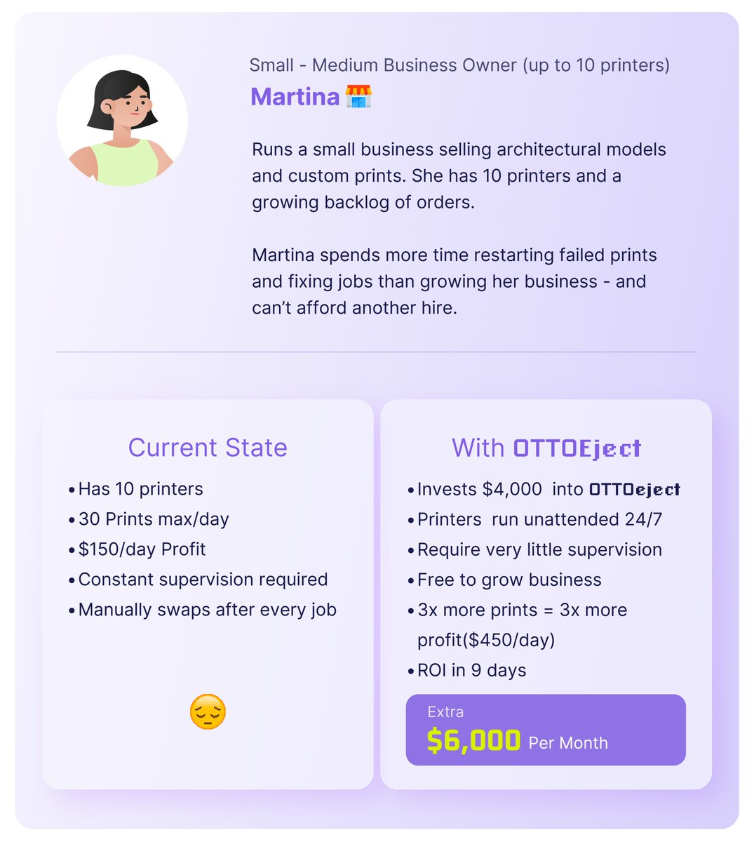 OTTOMAT3D's tweet image. 🧵 How OTTOeject System adds value: Small-Medium Business Owners (Martina)
Martina 🏪 is stuck restarting and fixing failed prints when she should be scaling her business.
10 printers. $150/day. No room to hire help.
With OTTOeject:
🛠️ 24/7 automation unlocked
🕒 More freedom…