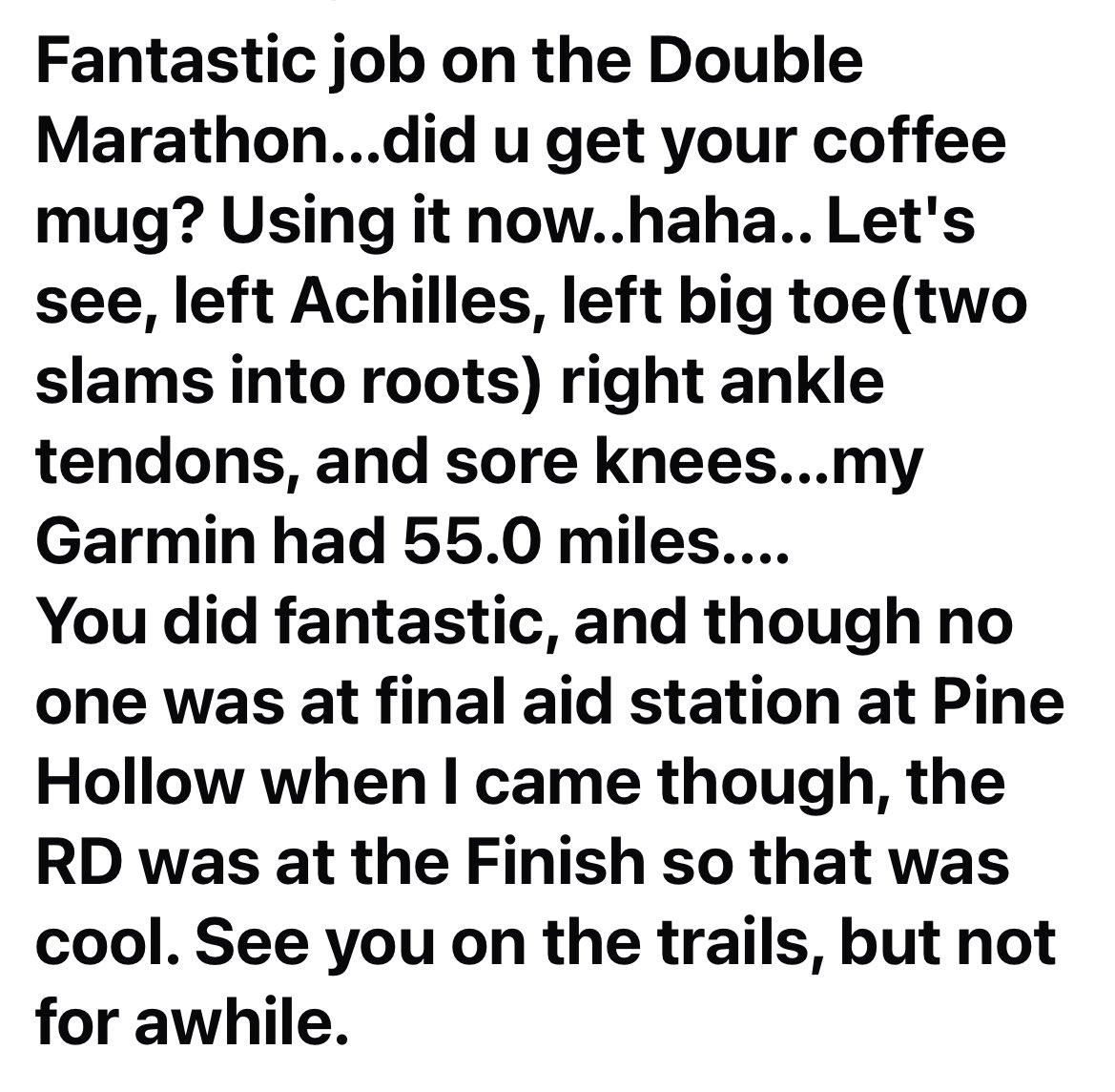 JohnTelich8's tweet image. Started running ultras in 2009.. this FB message to running buddy Michele popped up. 2011.. we had run together much of a double marathon ( though she surged ahead halfway) . I post to illustrate being almost dead last still means good memories
