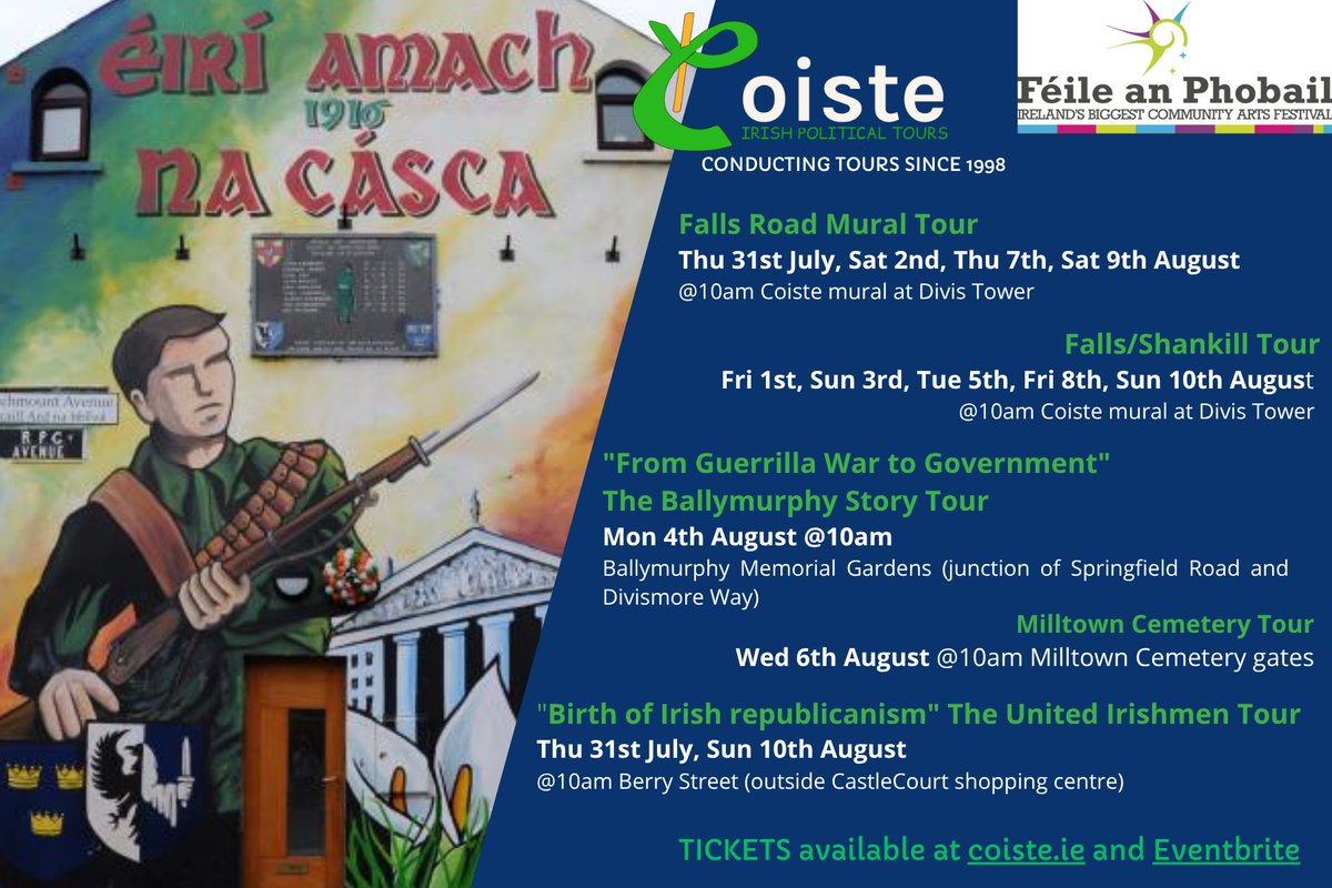 Coiste Irish Political Tours (@coisteirish) on Twitter photo Ready for <a href="/FeileBelfast/">Féile an Phobail</a> ?? We are!
Join one of our tours whether you're a local or a visitor, there's something new to discover around every corner.
📷 Tours running daily throughout the festival - look at the schedule below!
Book on Eventbrite/Coiste Irish Political Tours Ready for <a href="/FeileBelfast/">Féile an Phobail</a> ?? We are!
Join one of our tours whether you're a local or a visitor, there's something new to discover around every corner.
📷 Tours running daily throughout the festival - look at the schedule below!
Book on Eventbrite/Coiste Irish Political Tours