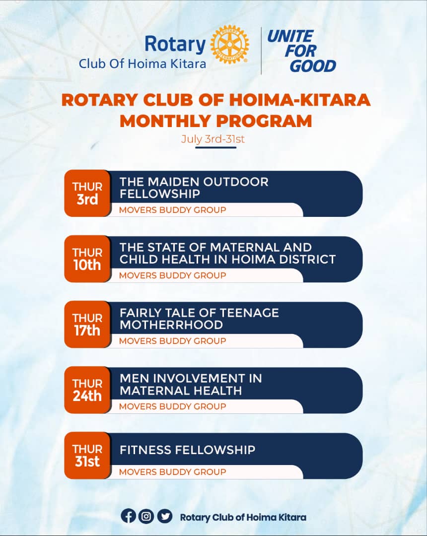 <a href="/RCHoimaKitara12/">Rotary Club of Hoima-Kitara</a> will be #Uniting4Good in addressing Maternal and Child Health in the Month of July. We are discussing specifically the role of men in Maternal Health. Join us on Thursday(tomorrow) 24th July <a href="/hbhotels_/">HBhotelsug</a> to discuss this and more!
