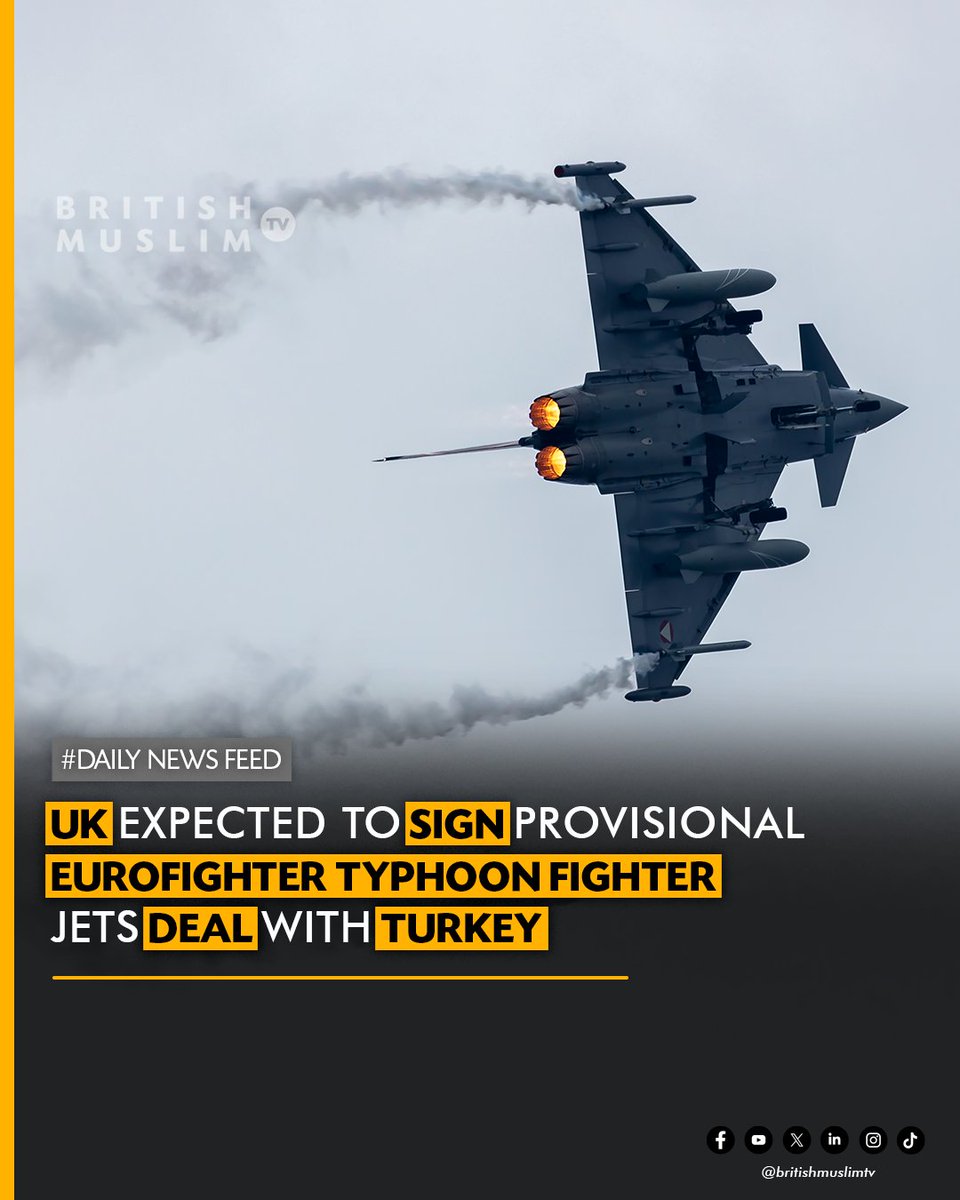 BritishMuslimTV's tweet image. Turkey and the UK are expected to sign a provisional Eurofighter Typhoon jet deal during the IDEF arms fair in Istanbul on Tuesday. The agreement, involving 40 jets, follows Ankara’s successful effort to overcome a German veto on the sale. UK Defence Secretary John Healey’s visit…