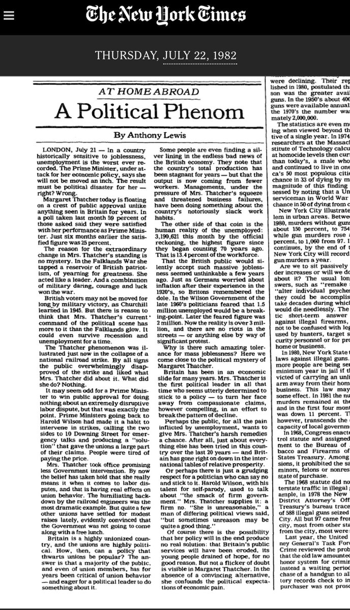 RDPHistory's tweet image. July 22nd 1982: The NYT brands PM Margaret Thatcher, "A Political Phenom" for her ability to tackle problems at home and abroad, and speaks of "grudging respect for a politician who can say no and stick to it."
Great article, this...
nytimes.com/1982/07/22/opi…