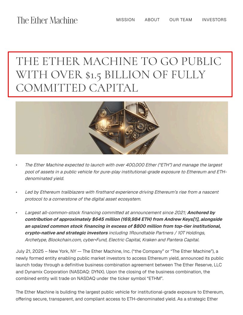 CryptoCoinShow's tweet image. ⚡️BIG: @TheEtherMachine goes public with $1.5 billion in committed capital to lead Ethereum-based public investment.
It will hold over 400,000 $ETH, offering top institutional access to Ethereum yield, and will trade on NASDAQ under “ETHM” after merging with The Ether Reserve,…