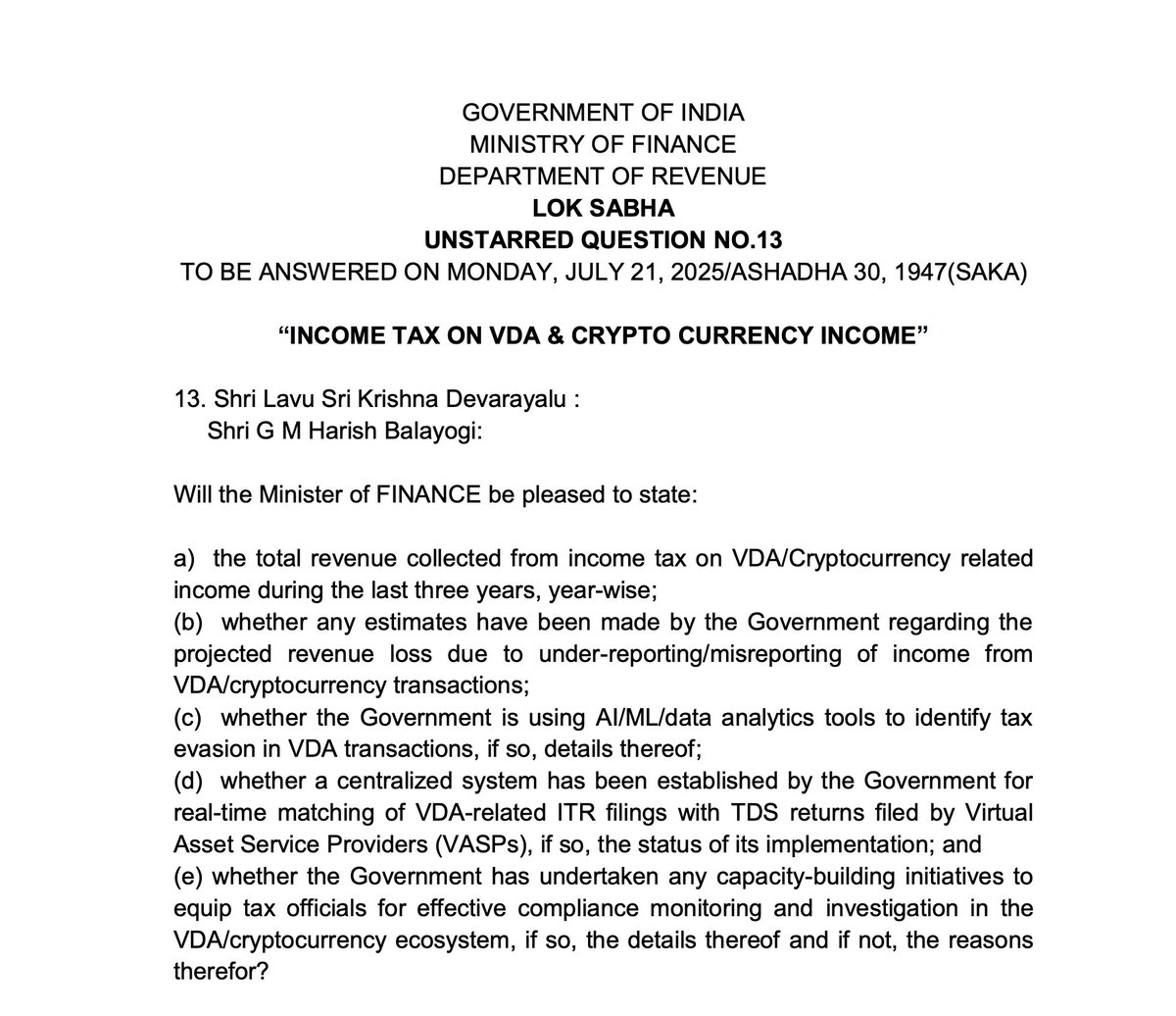 🚨 India’s Crypto Tax Crackdown is Official.

A new reply by the Finance Ministry in Lok Sabha just revealed how serious things are getting for crypto investors.

Here’s everything we learned (and why you should care) 🧵👇