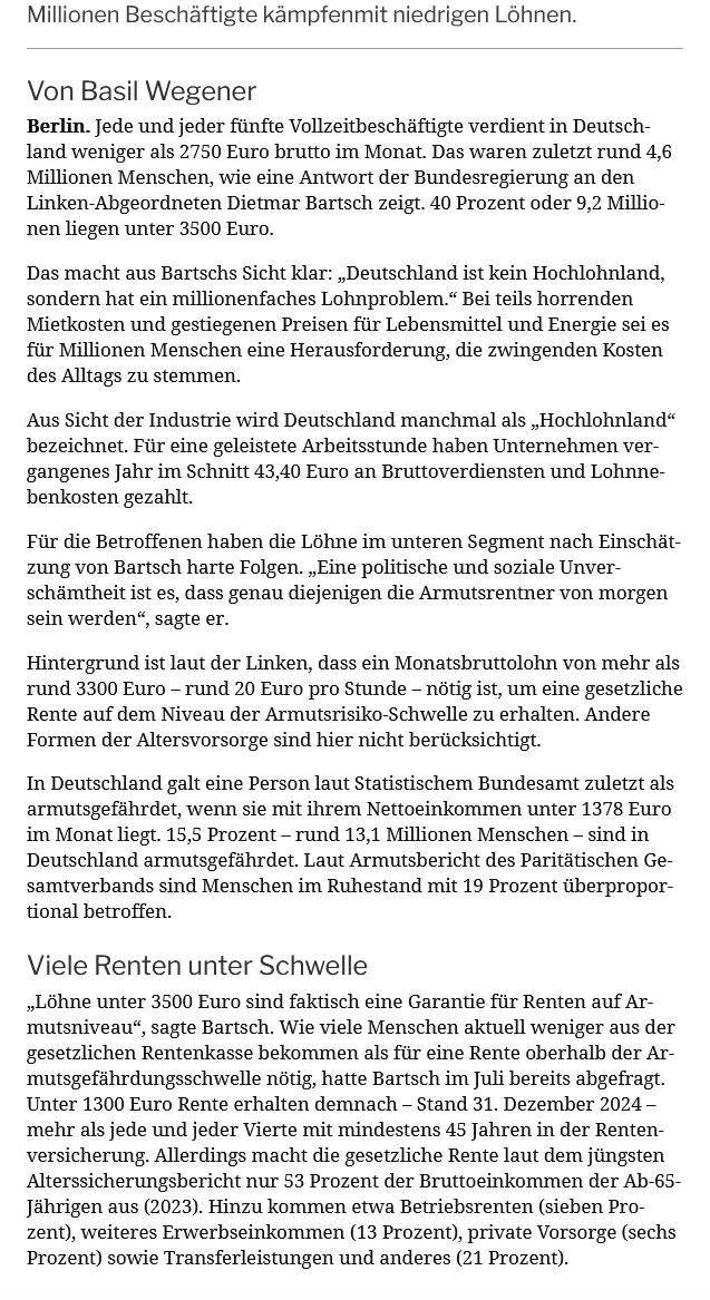 Die Lohnnebenkosten werden zunehmend zum Problem. Herr Bartsch kennt aber sicherlich das Problem der Lohn-Preisspirale, die er weiter in Gang setzten möchte? Und das D trotz aller guten Absichten im knallharten internationalem Wettbewerb steht ist ihm sicher auch bewusst.
