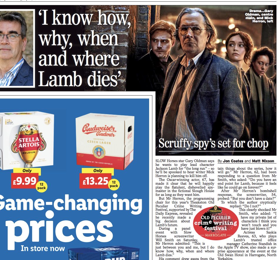 MattNixson's tweet image. Talk about a spoiler alert! Slow Horses star Mick Herron dropped a bombshell at brilliant #TheakstonsCrime @HarrogateFest over weekend. Here's @joncoates in @Daily_Express today!
express.co.uk/entertainment/…