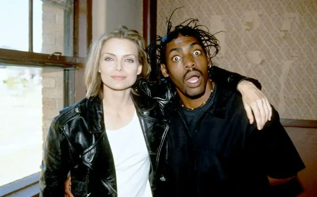 HistoricHub's tweet image. Michelle Pfeiffer and Coolio on the set of the "Gangsta's Paradise" music video, directed by Antoine Fuqua in Los Angeles, California, around 1995.