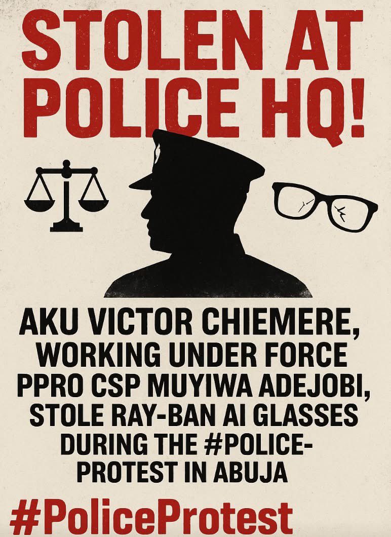 YeleSowore's tweet image. THEFT ALERT: DETAILS OF AKU VICTOR CHIEMERE THE INDIVIDUAL WHO STOLE @ray_ban AI GLASSES AT POLICE HQ IN ABUJA
Yesterday, during the historic #PoliceProtest at the Nigeria Police Force Headquarters in Abuja, Aku Victor Chiemerie, a staff cameraman under the Force Public…