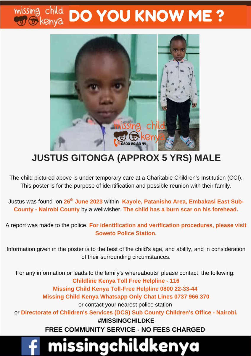 missingchild_ke's tweet image. JUSTUS GITONGA (APPROX 5 YEARS) MALE #MISSINGCHILDKE