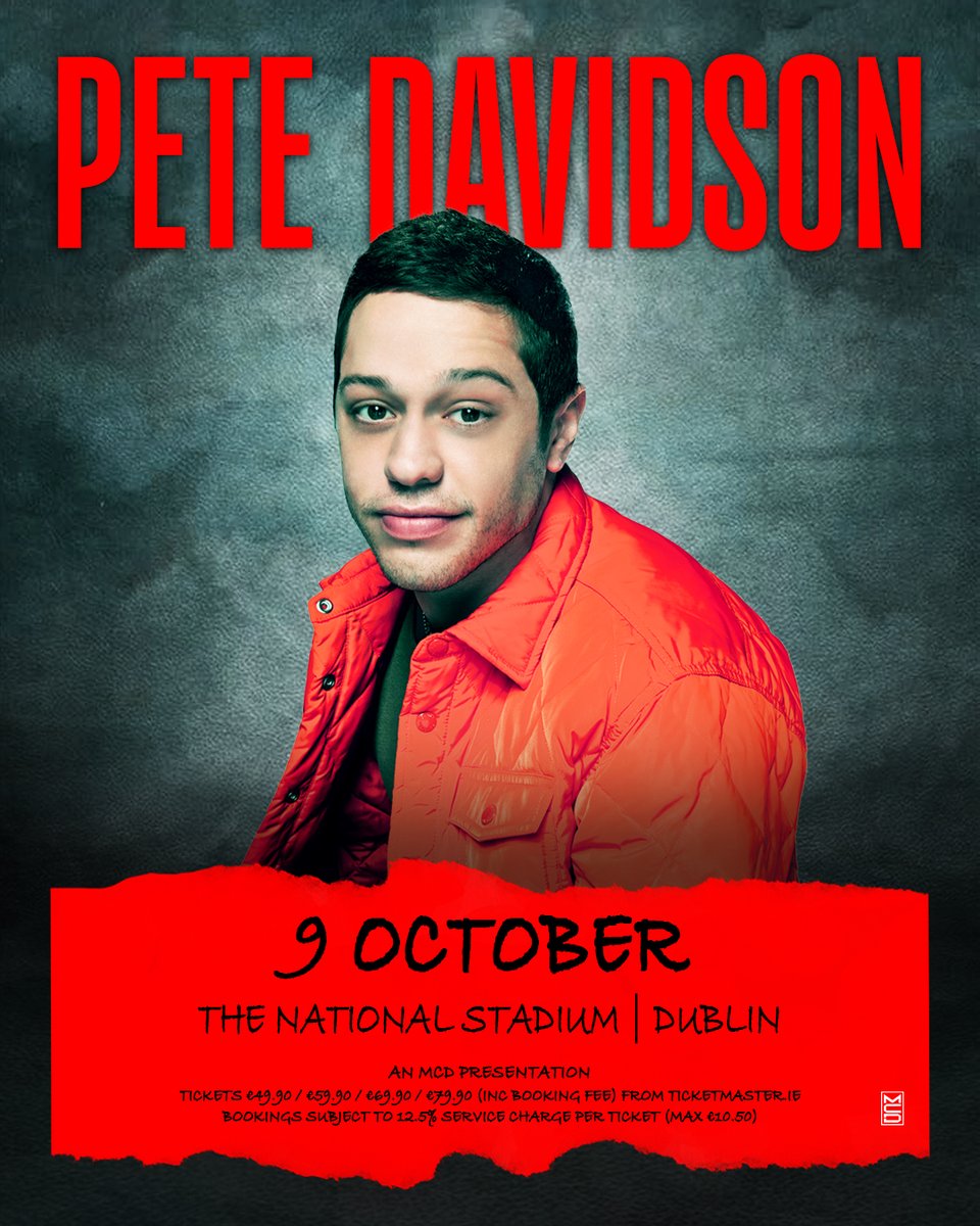 TicketmasterIre's tweet image. 🤣 Actor, writer and stand up comedian Pete Davidson comes to Dublin and Belfast for live shows at @NationalStad on 9 October and @Waterfront_Hall on Friday 10 October 2025.
🎫 Tickets are on sale Friday at 10am bit.ly/415EvTH
