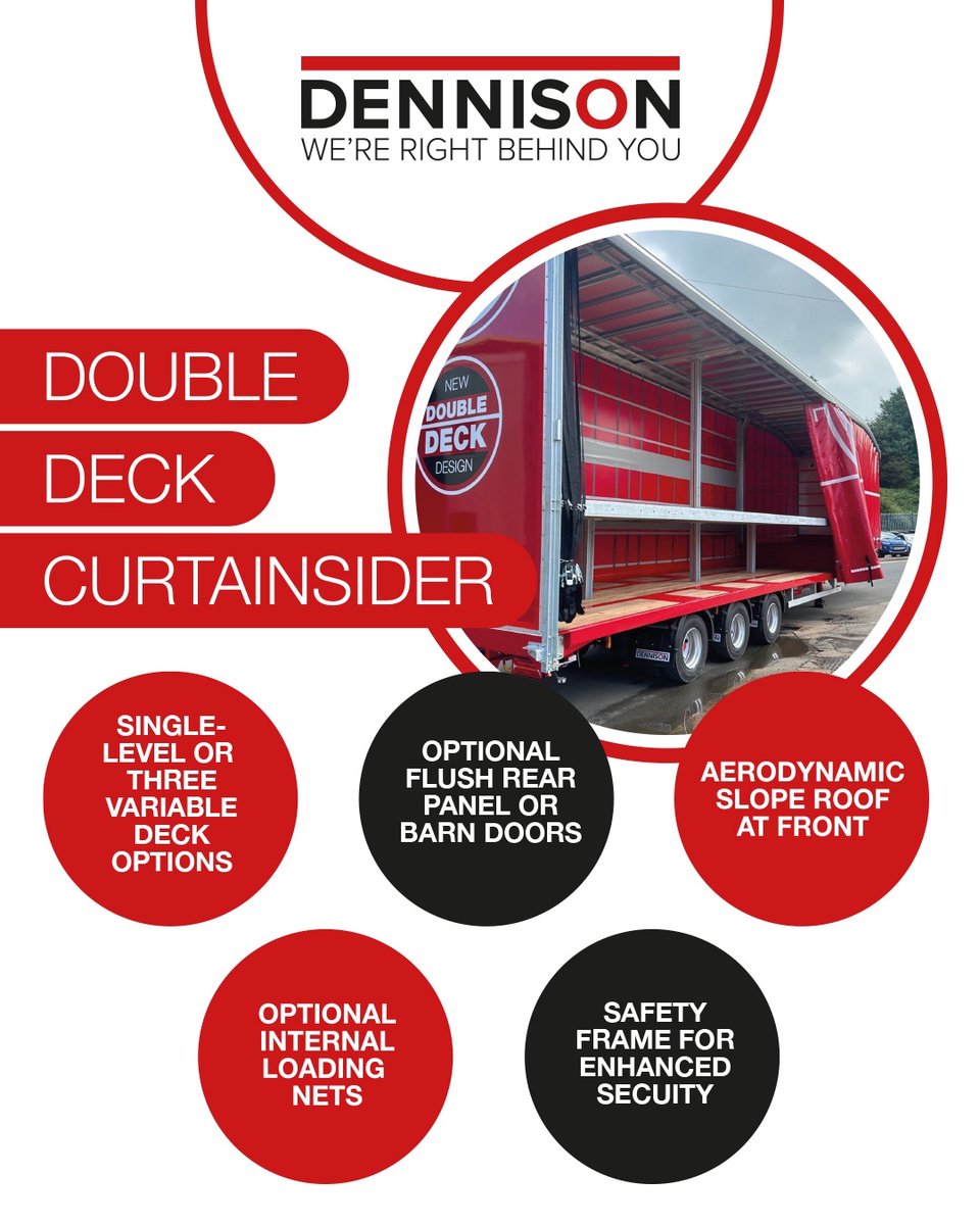🚛✨ Double the decks, double the efficiency!

The Dennison Double Deck Curtainsider is designed to keep your cargo safe and streamlined. With a strong safety frame, sleek aerodynamic slope roof upfront, and an optional flush rear panel, it’s built to move smoothly and securely.