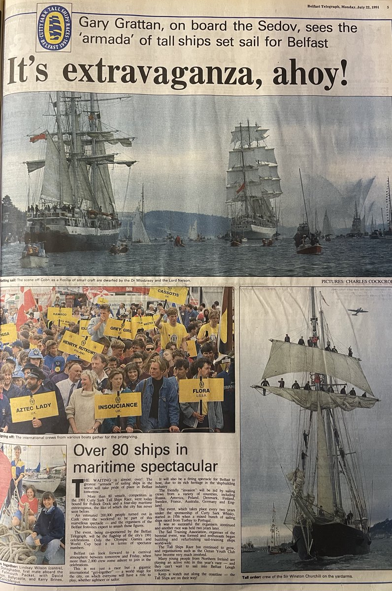 Remember the summer when Belfast fell under the spell of the Tall Ships? For those who do, it’s hard to believe that it was a whole thirty-four years ago. Here’s how it was reported in the Belfast Telegraph #OnThisDay in 1991. #ConnectWithHeritage