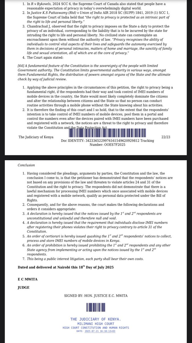 ArnoldOginga's tweet image. High Court agreed with us on our Amicus Curiae Brief on threat to the right to privacy & misuse of personal data arising from CAK & KRA Notices requiring disclosure of Mobile IMEI numbers upon acquisition of mobile devices or entering Kenya 😊🥳 @ITPA Ideate Tech Policy Africa