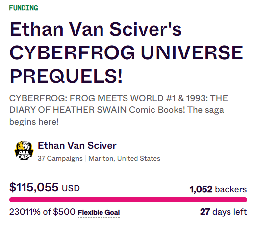 BenHerrera01's tweet image. Check it out people! Ethan Van Sciver's newly launched CYBERFROG UNIVERSE PREQUELS campaign is at $115k USD plus some change. It's movin' and shakin'! Sweet!
indiegogo.com/projects/ethan…