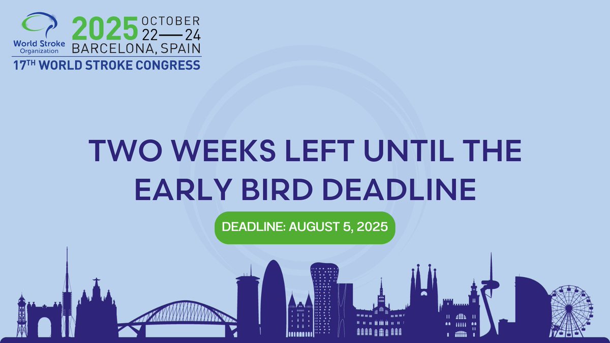 WorldStrokeOrg's tweet image. Only 2 weeks left to register &amp;amp; save for #WSC2025! ⏳ 

The countdown is on—there are just 2 weeks left to register and secure your place at the World Stroke Congress 2025 with a special discount! Don’t wait—this is your chance to connect, learn, and save! 
🔗 Register here:…