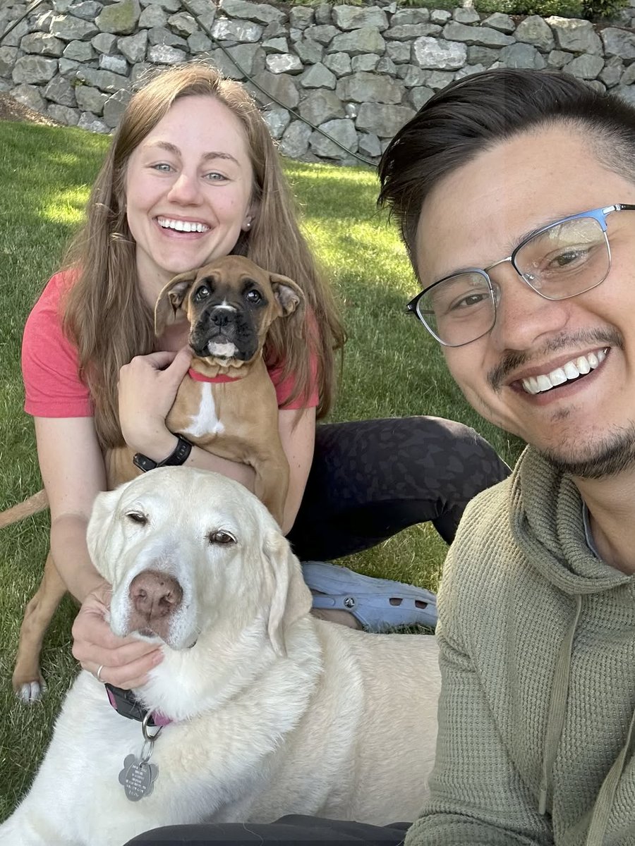 A New Beginning 💜🐾
Kaleigh and Sam welcomed Roux (formerly Halo from the Top Gun pups) into their family, joining big fur-sister Gracie! Roux is loving  life—learning the ropes, enjoying playtime &amp; never lonely with her  humans working from home. Cheers to new adventures, Roux!