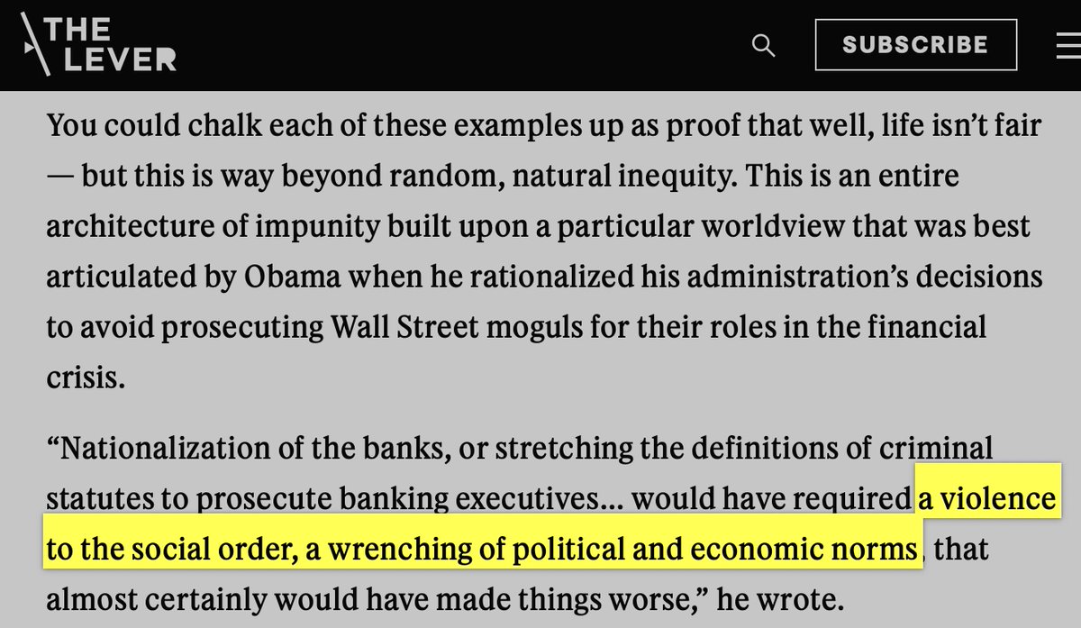 davidsirota's tweet image. Remember when Barack Obama wrote in his memoirs that his administration couldn't prosecute bankers because that would do violence to the social order?
The culture of elite impunity infects both parties - and is at the root of almost every problem in this country.