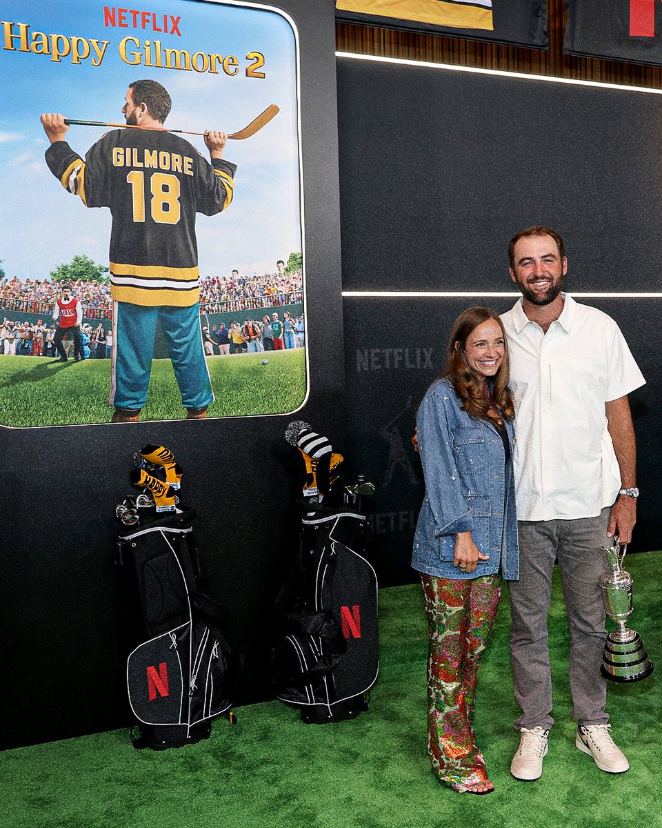 GolfDigest's tweet image. Scottie Scheffler and the Claret Jug made an appearance at the New York premier of Happy Gilmore 2. 🎥