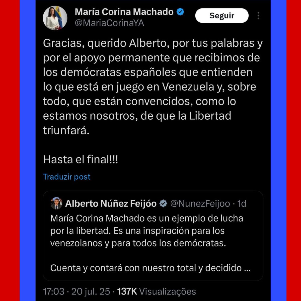 BolsonaroSP's tweet image. Esta é Maria Corina Machado, líder da oposição perseguida na Venezuela.
Ela também é acusada de atos anti-democráticos, conspiração e outras bobagens típicas de mentes autoritárias como a de Alexandre de Moraes e a de Nicolás Maduro.
No entanto, reparem que Maria Corina não…