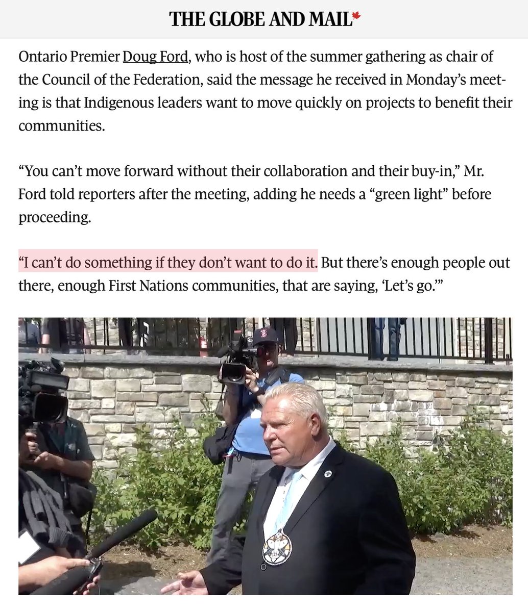 JonSThompson's tweet image. At Monday's Premiers meeting, Ontario Premier Doug Ford took this notable departure from "If I have to hop on a bulldozer myself, we're going to start building roads to the Ring of Fire," or “Take us to court, do whatever you want, we’re moving.”