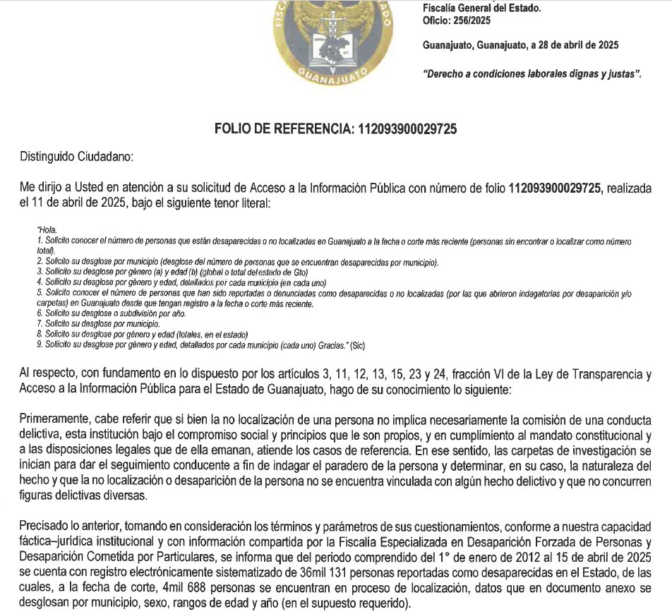 🆘Al 15 de abril de 2025 había 4855 personas desaparecidas en Guanajuato 
(167 anteriores al 01/01/2012 reportadas en el Registro Nacional de Personas Desaparecidas, RNPDNO, y 4688 reportadas vía Plataforma Nacional de Transparencia por la fiscalía del estado, FGEG) 

‼️Al 1 de