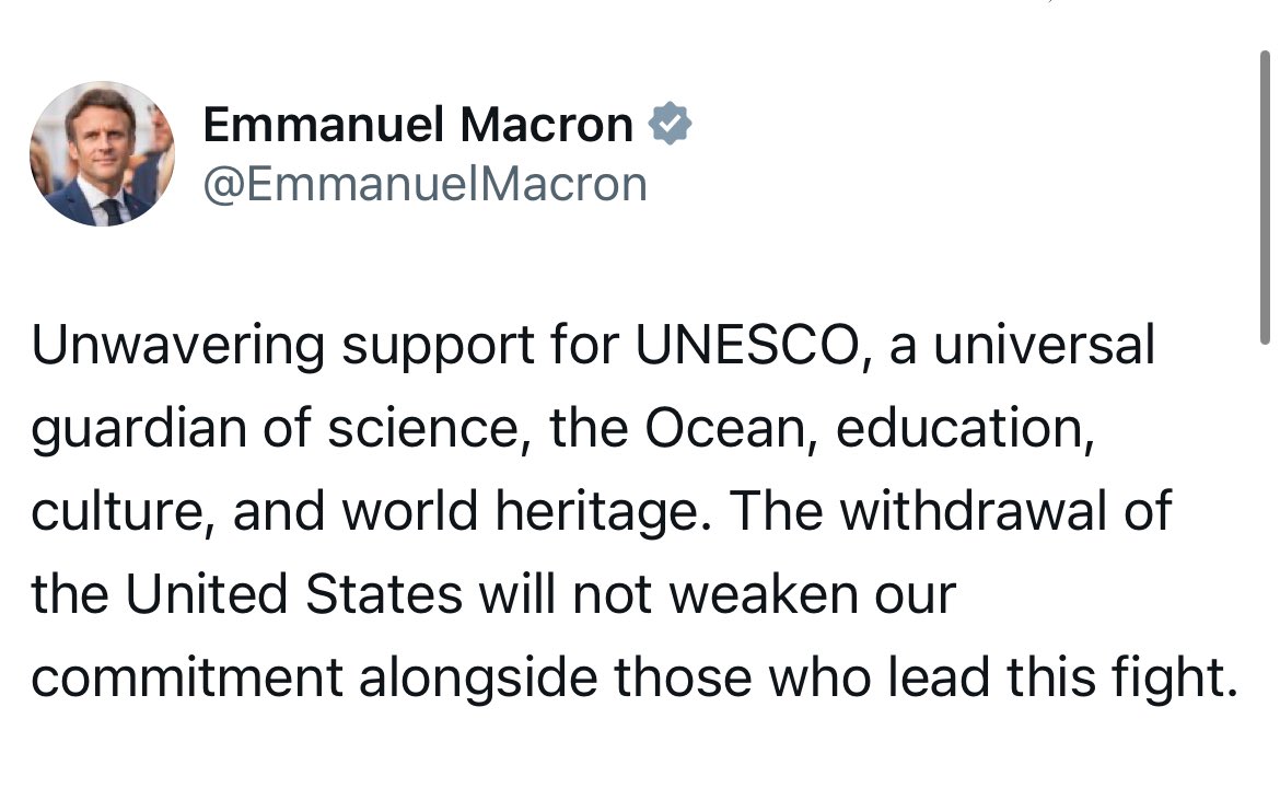 PolitlcsGlobal's tweet image. 🚨🇫🇷🇺🇸 NEW: President Macron has responded to President Trump’s decision to pull the US out of UNESCO for the second time