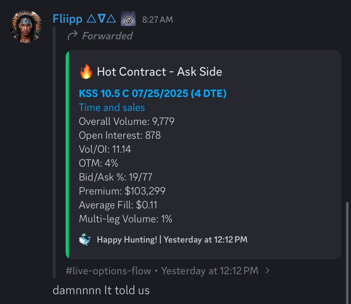 JurassicZ0mbie's tweet image. Hot Contract Alert! 🚨
KSS 10.5C 07/25/2025 (4 DTE) on the Ask Side.
Volume: 9,779,
OI: 878,
Vol/OI: 11.14,
Premium: $103,299.
Perfect example of how awesome the @unusual_whales premium server bot is!
Also was caught on the new interval flow filter I’m building 😁🚀
Cons…